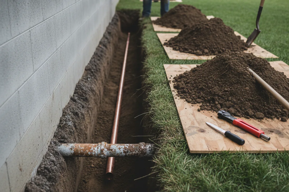 Excavated water line trench during Sewer Line Repair in McLeansville